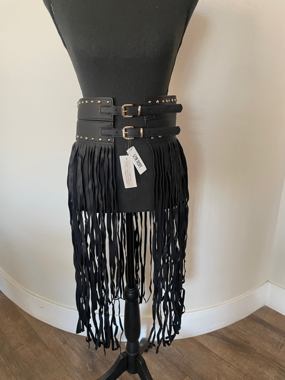 12th Tribe Black Fringed Double-Buckle Waist Belt